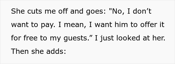 Text excerpt showing a sister shutting down bride’s demands about using husband’s car service business for free at an event - 7