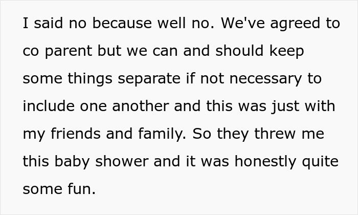 Text excerpt about a man’s baby shower with friends causing his pregnant ex to accuse him of mocking her experience. - 5