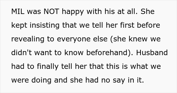 Text describing a MIL upset at a gender reveal, insisting on being told first despite others not wanting to know beforehand.