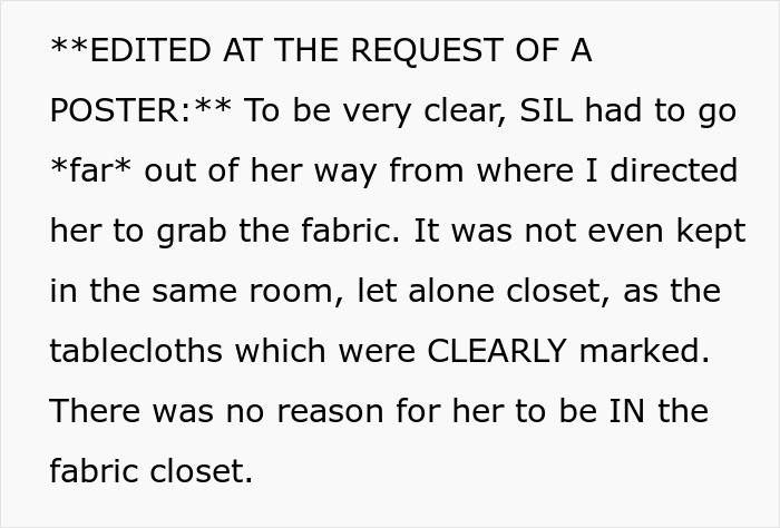 Text explaining a woman’s experience with fabric ruined by guest’s kids and her clear directions about fabric location. - 15