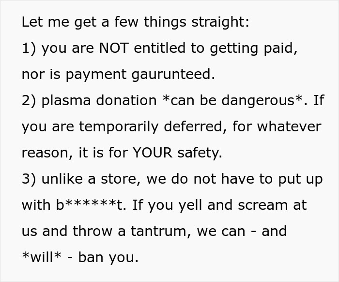 Text about plasma donation safety, payment denial, and staff's authority amid woman’s plasma donation dispute. Text about plasma donation safety, payment denial, and staff's authority amid woman’s plasma donation dispute.