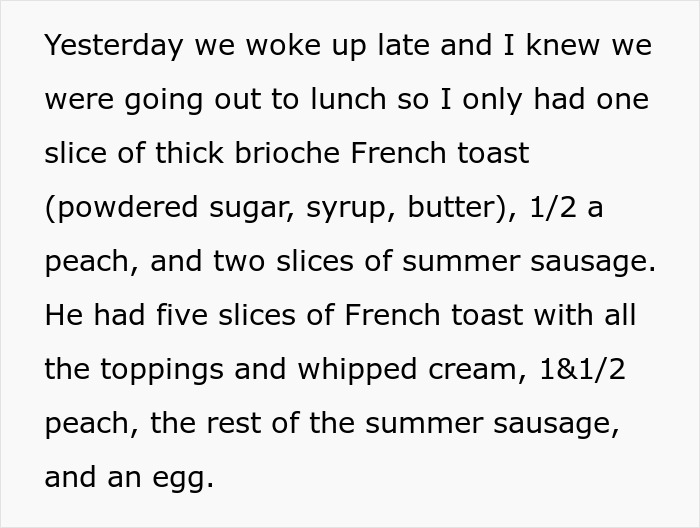 Text describing a guy nagging his girlfriend to eat more after thinking she is starving, leading to their breakup.
