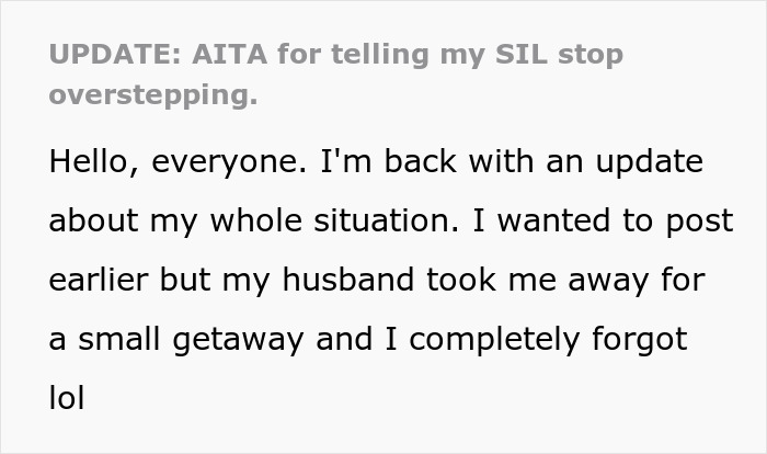 Text excerpt about a pregnancy situation involving SIL and husband setting boundaries in a personal update. - 16