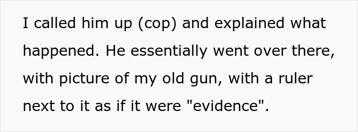 Text excerpt showing a conversation about calling a cop and using a photo of an old gun as evidence in a domestic violence case.