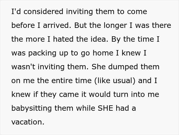 Text excerpt about vacation rift showing frustration over babysitting niblings during the trip, causing family tension. - 7
