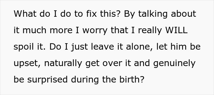 Text discussing worry about spoiling the gender of a baby and dealing with a husband's upset reaction.