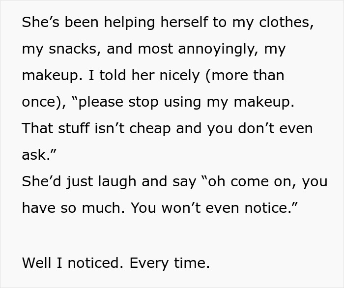 Text excerpt about niece using makeup without permission, highlighting frustration over expensive makeup treated like Sephora products. - 3