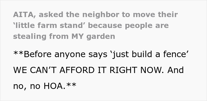 Man rants about neighbor&rsquo;s farm stand that won&rsquo;t move, causing theft from his garden and frustration over costs.