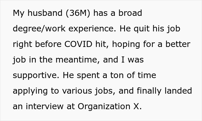 Text discussing a husband with broad experience applying and interviewing for a dream job in his career. - 4