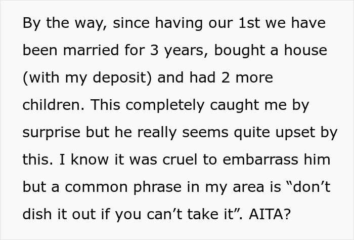 Text discussing husband jokes about wife and baby, with wife responding with a brutal reality check in front of friends.