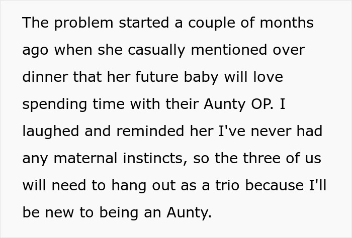 Text excerpt describing a woman’s plan for her future baby to spend time with her bestie, involving single mom and babysitting assumptions. - 6