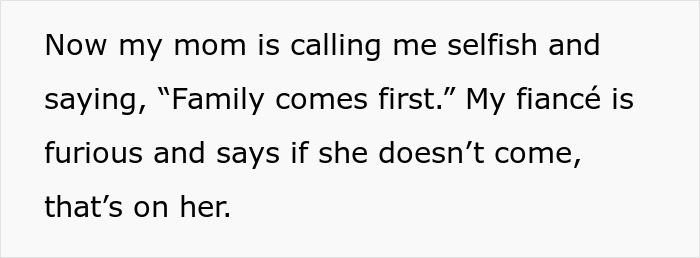 Text excerpt discussing a bride refusing to move her wedding despite family pressure and comments about selfishness. - 8