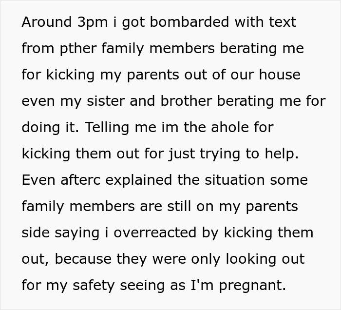 Text message about family conflict over parents wanting to wake man who sleeps late despite pregnant wife kicking them out.