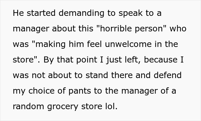 Man describing encounter where boomer complains about stranger’s pants and reacts surprisingly in grocery store. - 12
