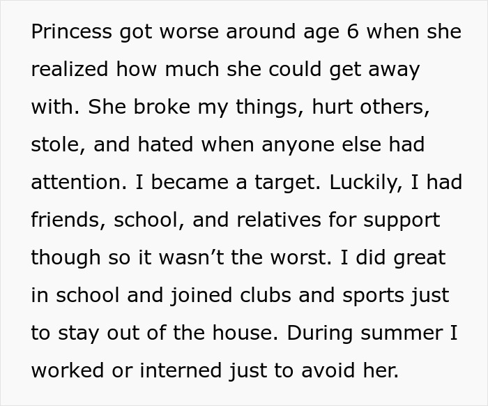 Text excerpt describing a difficult family dynamic involving parents playing favorites with an adopted daughter.