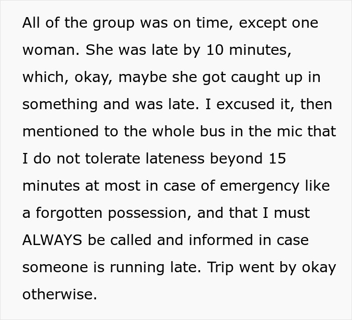 Text showing a tour guide addressing a group about punctuality and tolerating lateness up to 15 minutes only. - 4