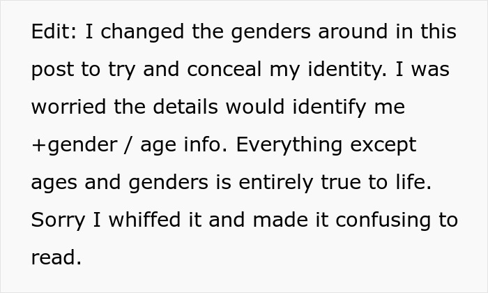 Text note explaining changed genders and identity concealment to protect privacy in a personal story about an unhinged stepfather. Text note explaining changed genders and identity concealment to protect privacy in a personal story about an unhinged stepfather.