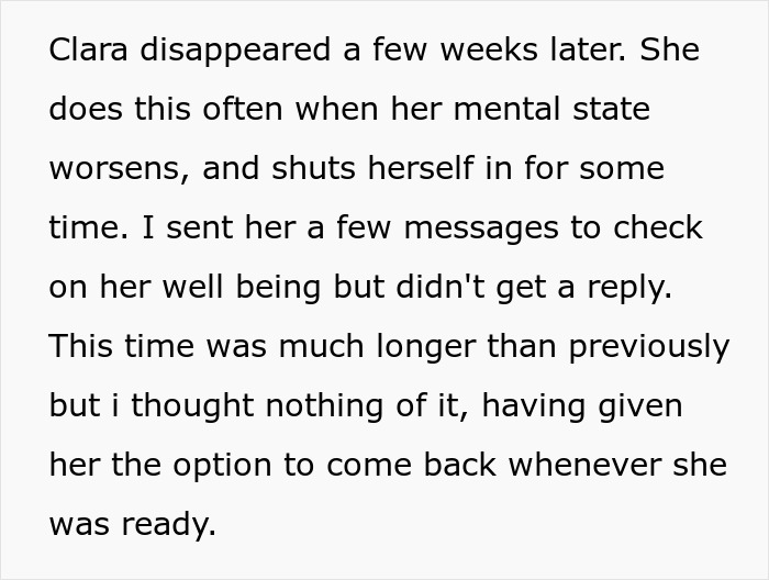Text describing a woman begging friend to cut off guy after petty conflict, later reappearing months later set to marry him.