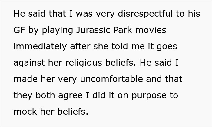 Text excerpt from a discussion about a woman who doesn't believe in dinosaurs and conflicts over watching Jurassic Park.