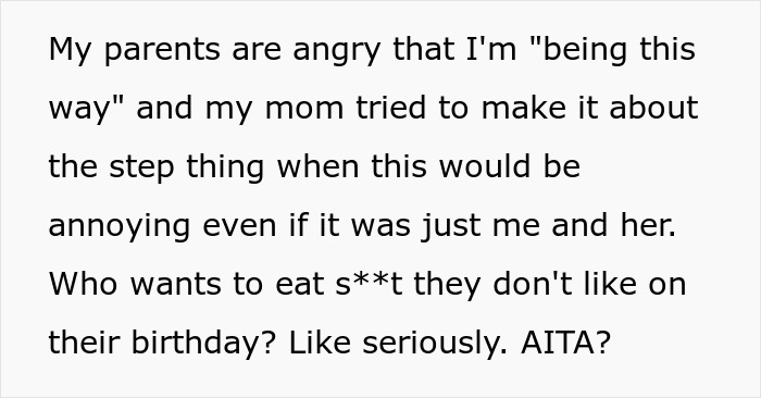 Teen upset as parents ignore birthday wishes due to stepkids&rsquo; allergies, expressing frustration over boring food options.