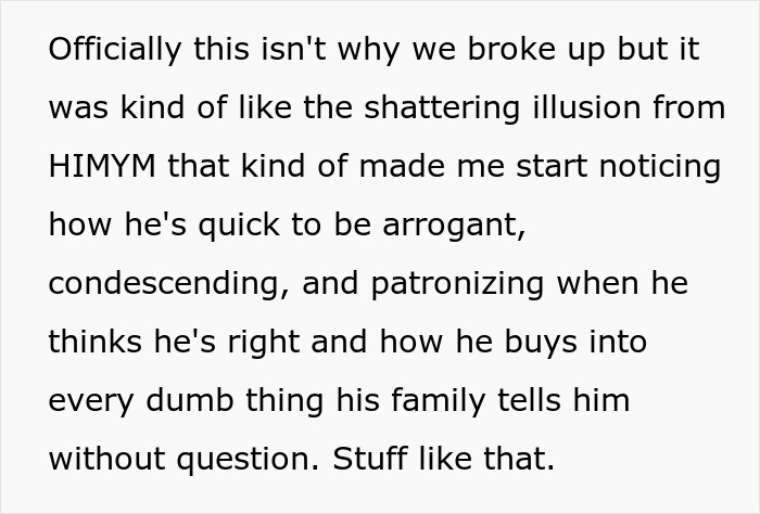 Text excerpt describing a breakup reason focusing on arrogant and patronizing behavior related to nagging about eating.