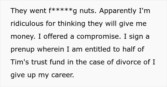 Text stating a woman offers to sign a prenup to keep part of a trust fund if she quits her career as demanded by in-laws. - 8