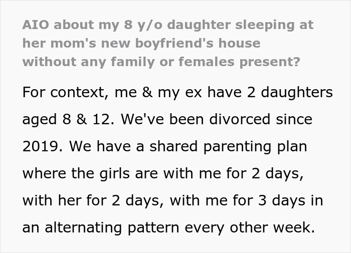 Text post about shared parenting and an 8-year-old spending the night at mom's boyfriend's house without family or females present.