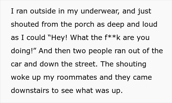 Text excerpt describing a man in underwear shouting to stop car thieves who flee and abandon their getaway car. - 3