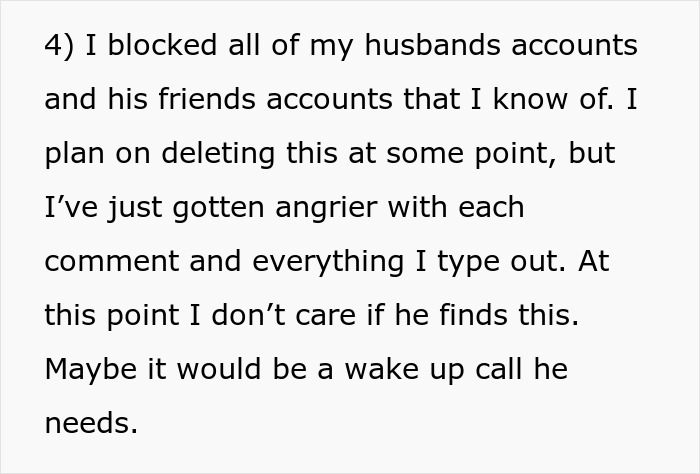 Text excerpt about blocking husband's accounts and the emotional impact, relating to husband demands and open marriage conflict. - 17