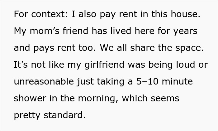 Text explaining shared rent and morning shower routine causing confusion in a man’s relationship with his girlfriend and mom. Text explaining shared rent and morning shower routine causing confusion in a man’s relationship with his girlfriend and mom.