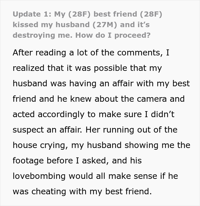 Text excerpt about a lady shocked after her bestie forcefully kissed her husband, questioning if they're hiding an affair.