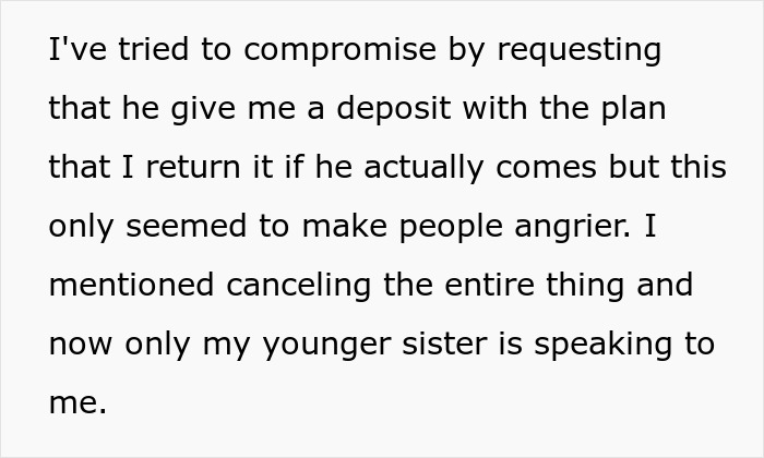Text about requesting a deposit to avoid no-shows on trips leading to backlash over nephew vacation invitation.