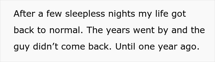 Text excerpt on a grey background describing a personal story of sleepless nights and a guy not coming back until one year ago.