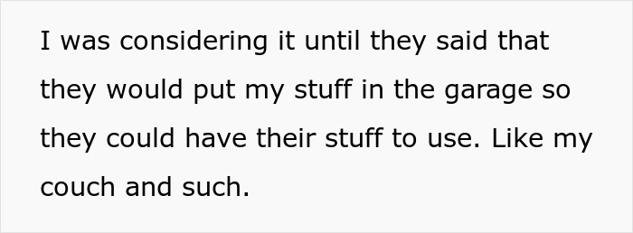 Text discussing a man refusing to give his home to sister and her family, mentioning belongings and garage storage.