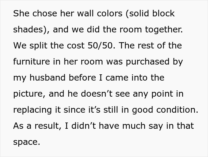 Text excerpt about shared room costs and furniture choices highlighting mom's differing effort in son's room versus step-daughter’s room. - 8