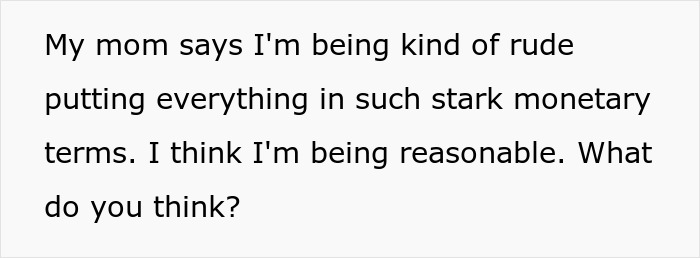 Text discussing a woman considering if emphasizing monetary terms in a conversation is reasonable or rude. - 11