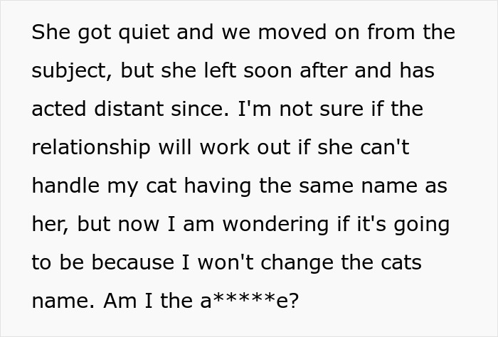 Text of a woman worried about her partner refusing to rename their cat, causing tension over her traumatic childhood. - 8