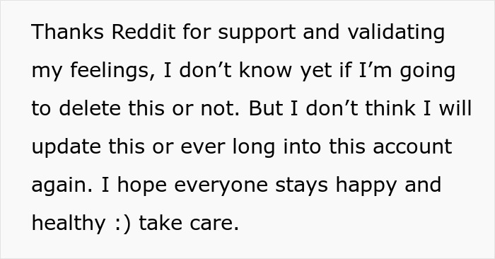 Text post expressing gratitude for Reddit support and sharing decision not to update account amid marriage and divorce demands. - 76