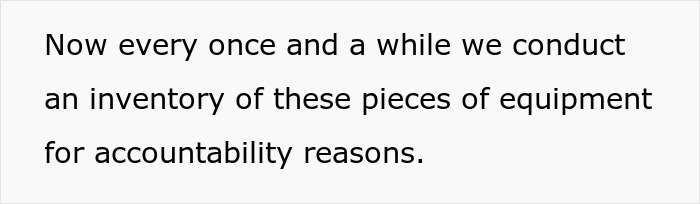 Text showing inventory checks for equipment accountability in a military setting tracking missing equipment for months