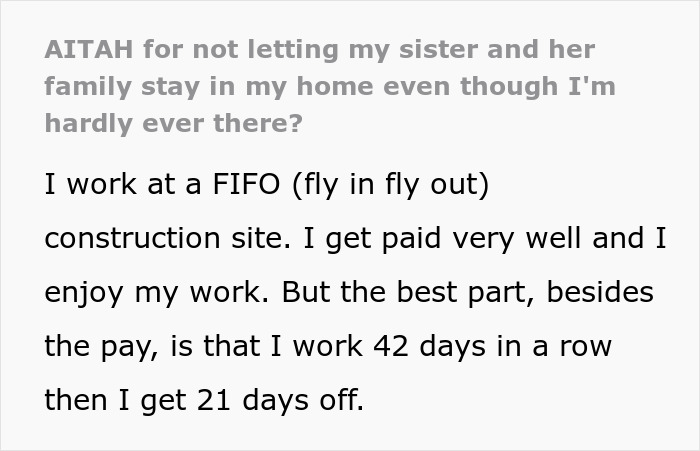 Text excerpt about guy refusing to give home to sister and her family, highlighting landlord issues and personal boundaries.