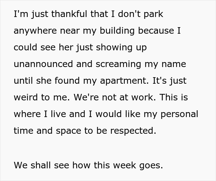 Text of woman explaining coworker demanding rides unannounced disrupting her quiet living and personal space.