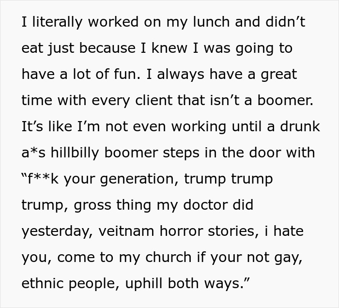 Text excerpt about a barbershop owner encountering disruptive boomers, highlighting boomers and barbershop conflict. Text excerpt about a barbershop owner encountering disruptive boomers, highlighting boomers and barbershop conflict.