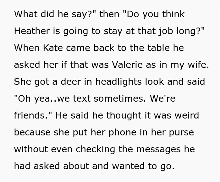 Text excerpt showing a jealous wife spying on her husband while he is at work, discussing suspicious messages.