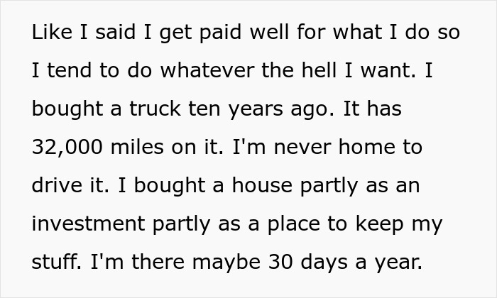 Text screenshot showing a man explaining he bought a house as an investment and refuses to give his home to family.