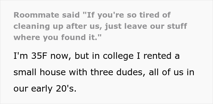 Text excerpt from a story about college students finally picking up after themselves when their only female roommate gets petty. - 2