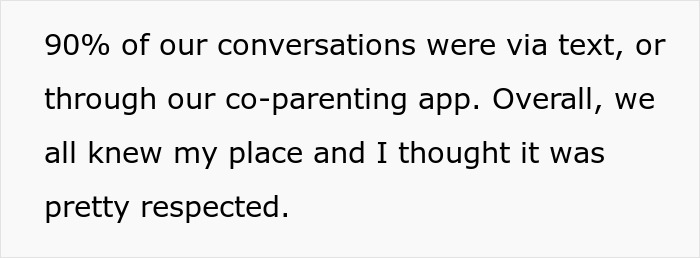 Partial text about co-parenting communication mostly via text and app highlighting respect in interactions amid misunderstanding between co-parents.
