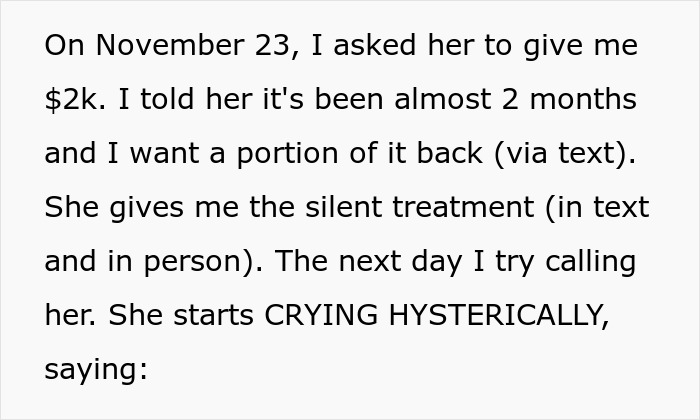 Text excerpt detailing a daughter confronting her mom after embezzling inheritance and gaslighting behavior.