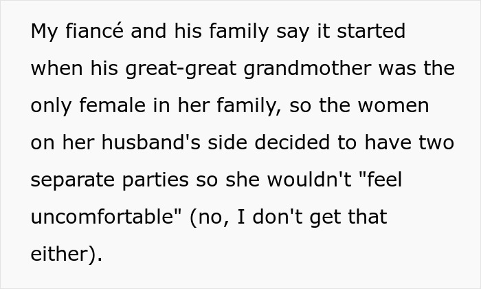 Text excerpt describing a call-off wedding weird family tradition involving separate parties for family members to avoid discomfort.