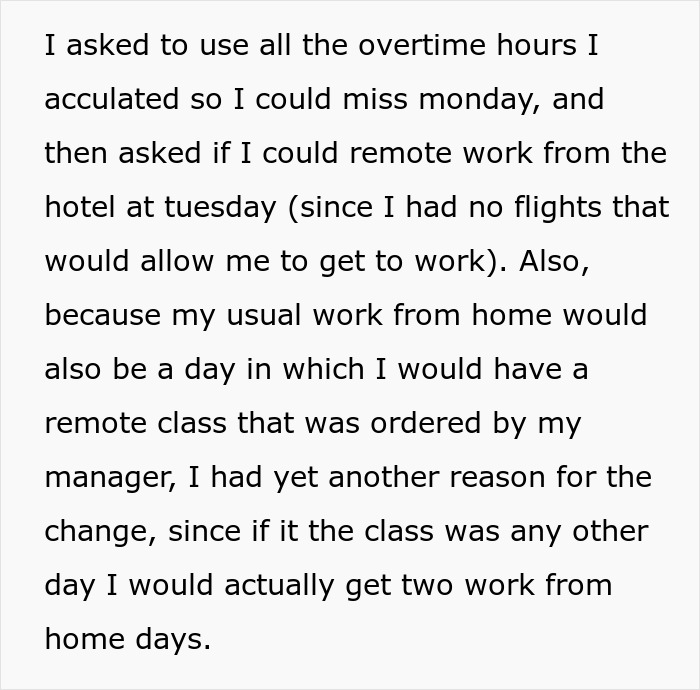 Text excerpt from an employee explaining remote work and overtime hours after a boss steals 2 days of pay.