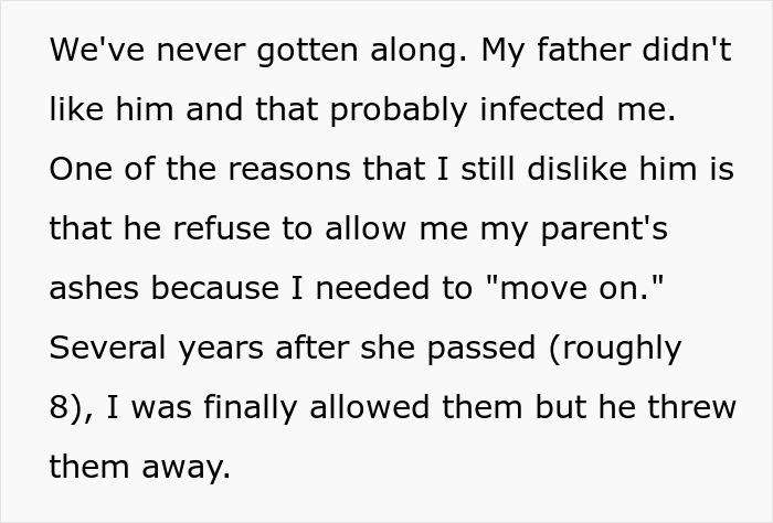 Text excerpt discussing a woman’s refusal to have anything to do with her unhinged stepfather. Text excerpt discussing a woman’s refusal to have anything to do with her unhinged stepfather.